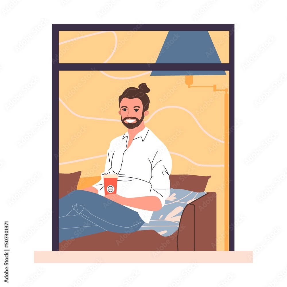 Fototapeta premium Open window with man in apartments vector illustration. Exterior of building with men and women living inside