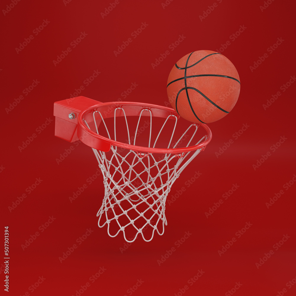 Red basketball rim with a ball floating on a red background, 3d render