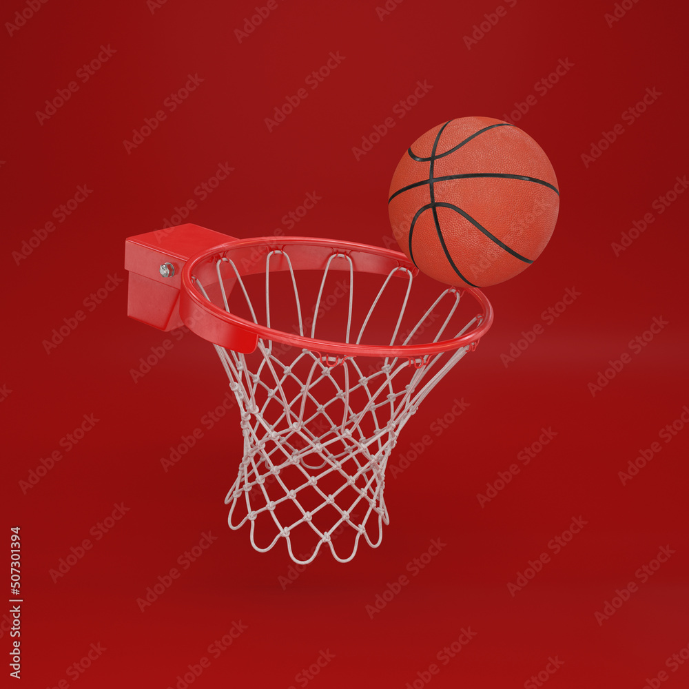 Red basketball rim with a ball floating on a red background, 3d render Red basketball rim with a ball floating on a red background, 3d render