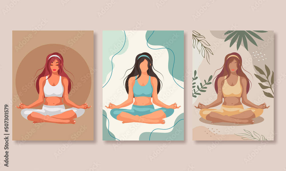 Three posters of a faceless girl in a lotus position in different colors. Fitness center poster. Faceless girls. Meditation Girls. Girls doing yoga Three posters of a faceless girl in a lotus position in different colors. Fitness center poster. Faceless girls. Meditation Girls. Girls doing yoga
