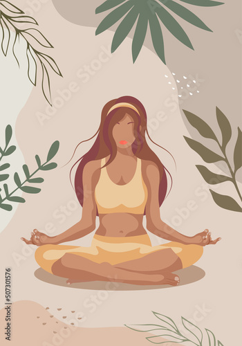 Girl in faceless style on a floral background. Faceless style. Faceless. Girl. in the lotus position. The girl is doing yoga. yoga class. Poster. Poster with a girl. Fitness center poster