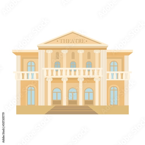 Theater exteriors of city building. Vector illustration of houses with facades. Cartoon museum hospital school supermarket. Cityscape, urban concept