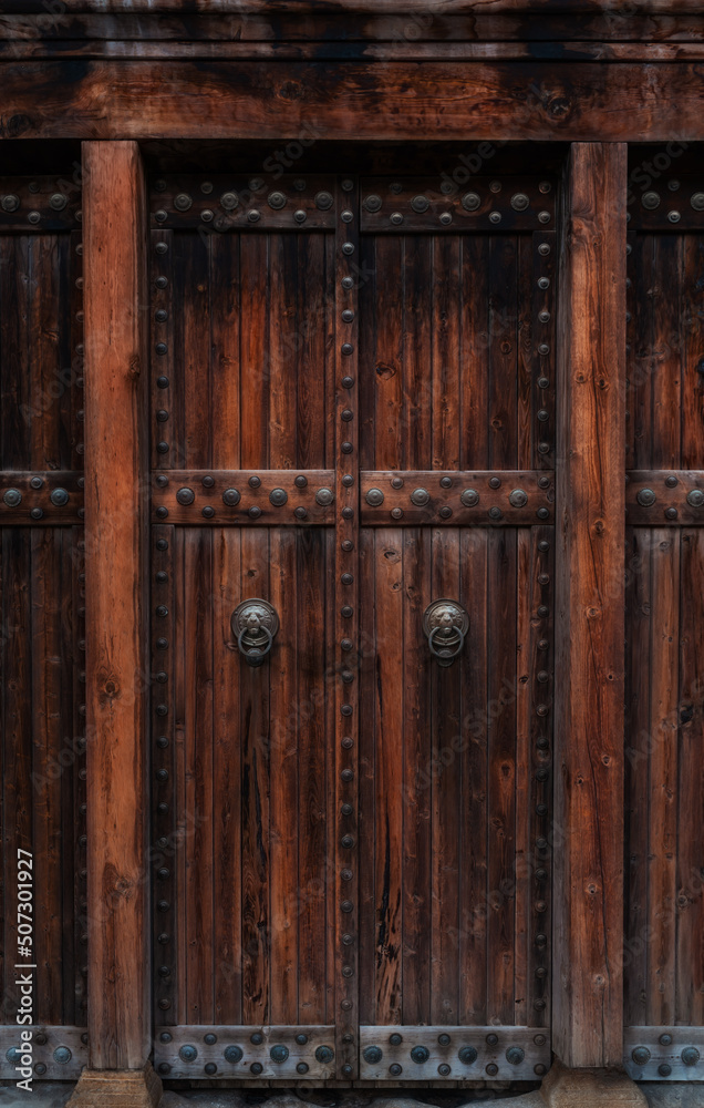 Closeup of dark wooden door with metallic brass vintage lion handles and decor for your design. Retro vintage style. Copy space. Textured background. Closeup of dark wooden door with metallic brass vintage lion handles and decor for your design. Retro vintage style. Copy space. Textured background.