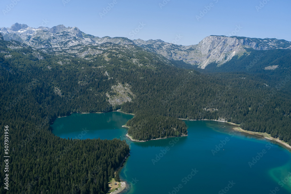Mountain lake and coniferous forest in Durmitor National Park, Montenegro