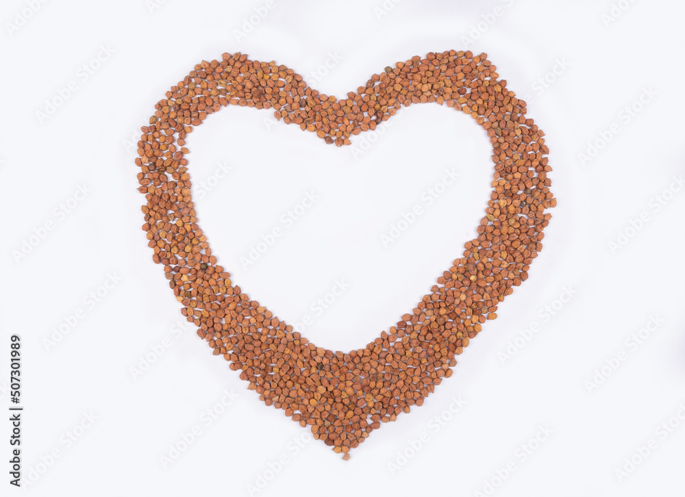 chickpeas (Bengal Gram) on white background. Close up of Organic chana or chickpea (Cicer arietinum). for design and banner. top view chickpeas. love sign.