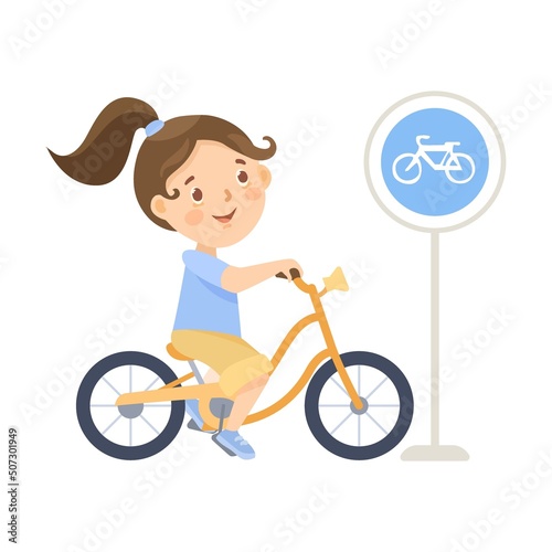 Girl on bike. School kid learning traffic rules cartoon illustration. Cute children crossing road on green light, walking on street crosswalk