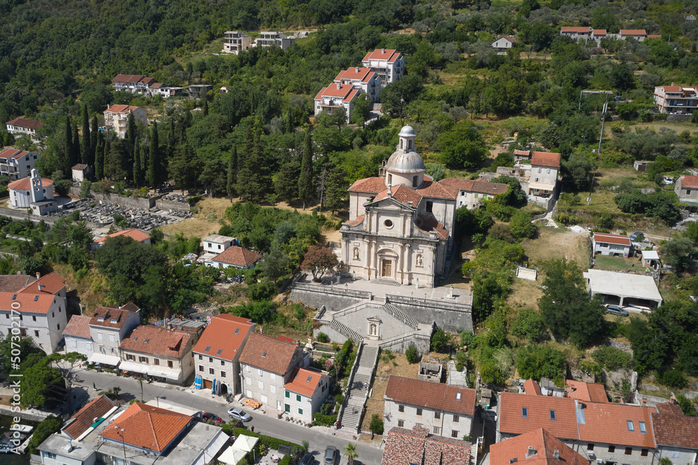 Aerial view of the Church of the Holy Virgin Mary in Montenegro