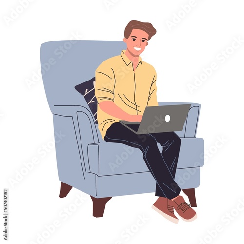 Vector illustration. People drinking coffee at tables, using computers. Modern cafe interior image for barista job, coworking concept