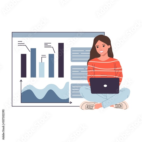 Accounting report vector illustration. Professional with laptop analyzing financial data sheet. Team of accountant working