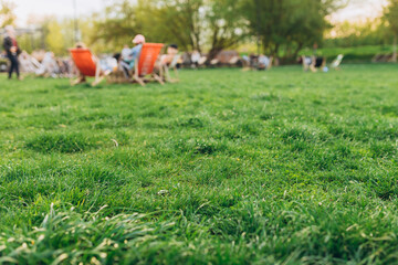 Blurred garden with lighting sunset. Close up view of a lawn level. Green grass natural background. summertime season. selective focus. Public park with people. Field For mock up