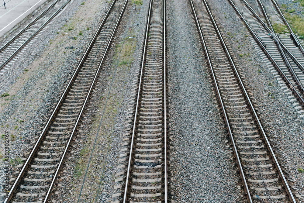 Railroad, empty rails outdoors. Top view, perspective