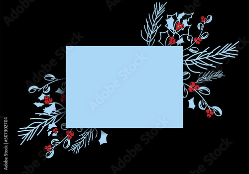 Vector. Merry Christmas and Happy New Year floral background, copy space for your text. Rustic horizontal template for Christmas cards, wedding invitations, party invitation. Hand-drawn sketch.