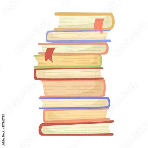 Pile of books cartoon illustration. Opened and closed philosophy, history textbooks for learning new information