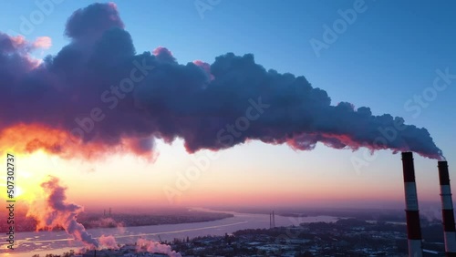 Greenhouse gas emissions. Pollution of factories. Dirty air over the city. Negative impact on human health
