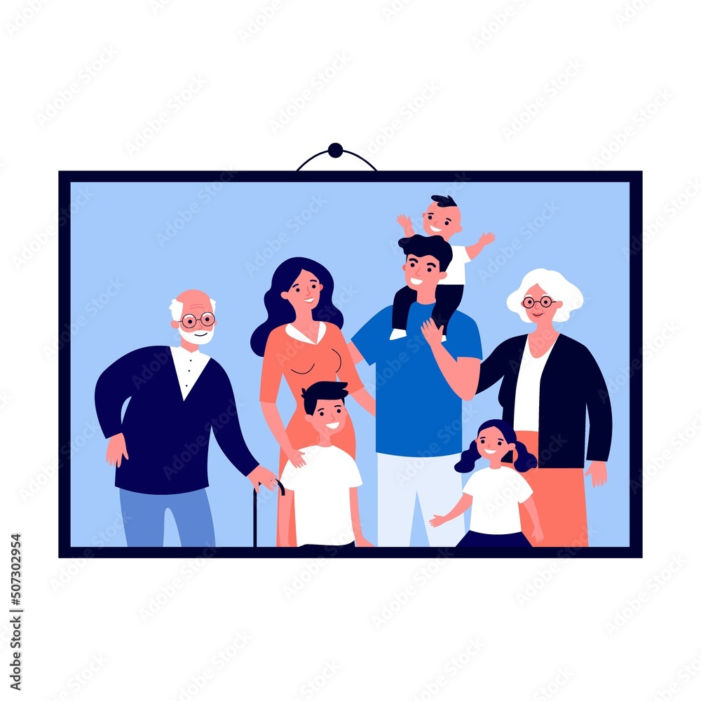 Picture of big family in frame. Just married couple, parents, children, senior people framed photos. Vector illustration for photography Picture of big family in frame. Just married couple, parents, children, senior people framed photos. Vector illustration for photography