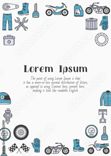 Moto - vertical card with text and vector color illustrations of motorcycle, engine, wheel, helmet and other parts and accessories symbols for graphic design
