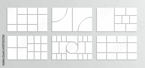 Abstract photography mockup. Photo collage layout. Moodboard template. Mood board grid. Set mosaic pictures frames. Retro album brandboard. Empty gallery banner. Portfolio images. Vector illustration