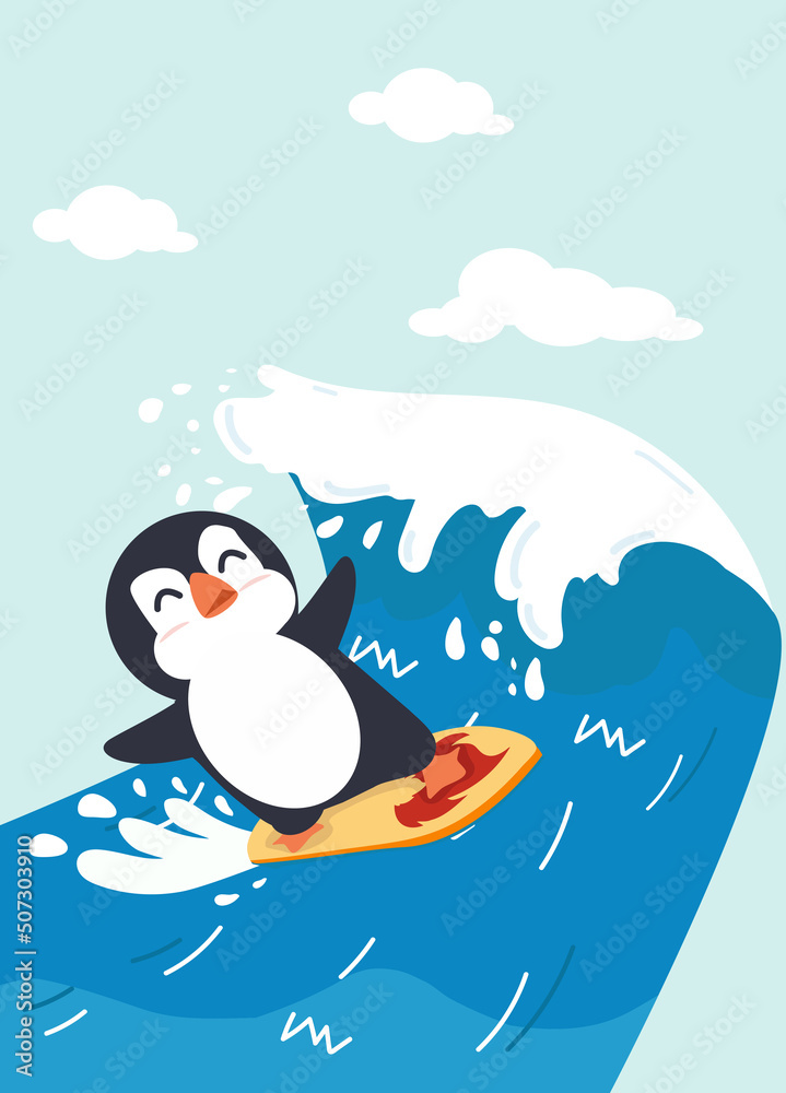 Naklejka premium Happy penguin cartoon surfing vector