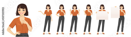 Young woman casual style clothes in different poses set. Various gestures - pointing, showing, holding empty blank board isolated vector ilustration