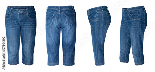 Set of empty blank jeans pants in different poses isolated on a white background