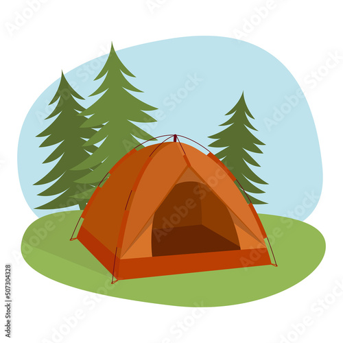 Tourist camping tent  against the background of trees. Travel and adventure concept.