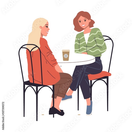 Coffee shop vector illustration. People drinking coffee at tables, using computers. Modern cafe interior image for barista job, coworking concept