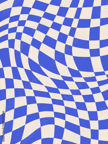 Checkered pattern with distorted squares. Abstract banner with distortion. Chess white and blue background for covers, posters, tags, print. Chessboard surface.