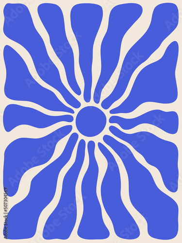 Vintage vector interior poster in hippie style. 70s and 60s funky and groove postcards. Psychedelic isolated pattern with blue spots in white background. Abstract shapes for wallpaper, postcards, tags