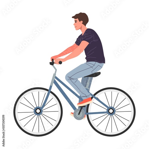 Young parent couple with son riding bikes outdoors. Man cycling in park. Vector illustration for family activities, lifestyle