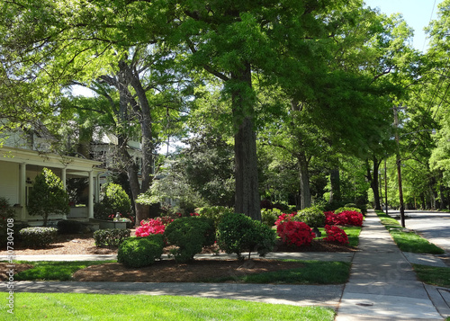 Sidewalks and driveways in the historic neighborhood of Concord, North Carolina on a beautiful Spring day. photo