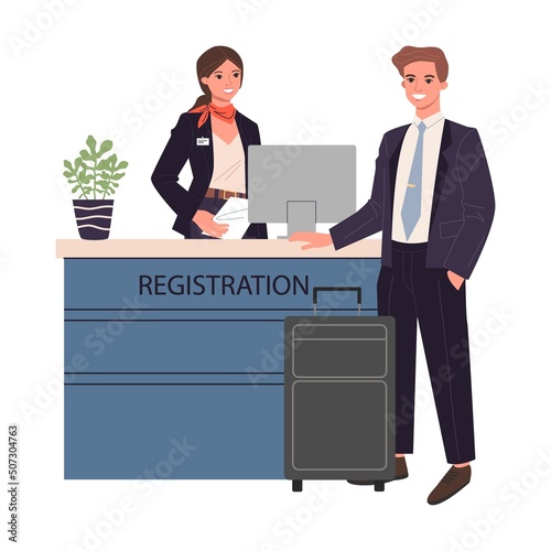 Man at reception. Passengers at airport registration desk. Queue of travelers waiting for check in to their flight. Vector illustration for travel, vacation