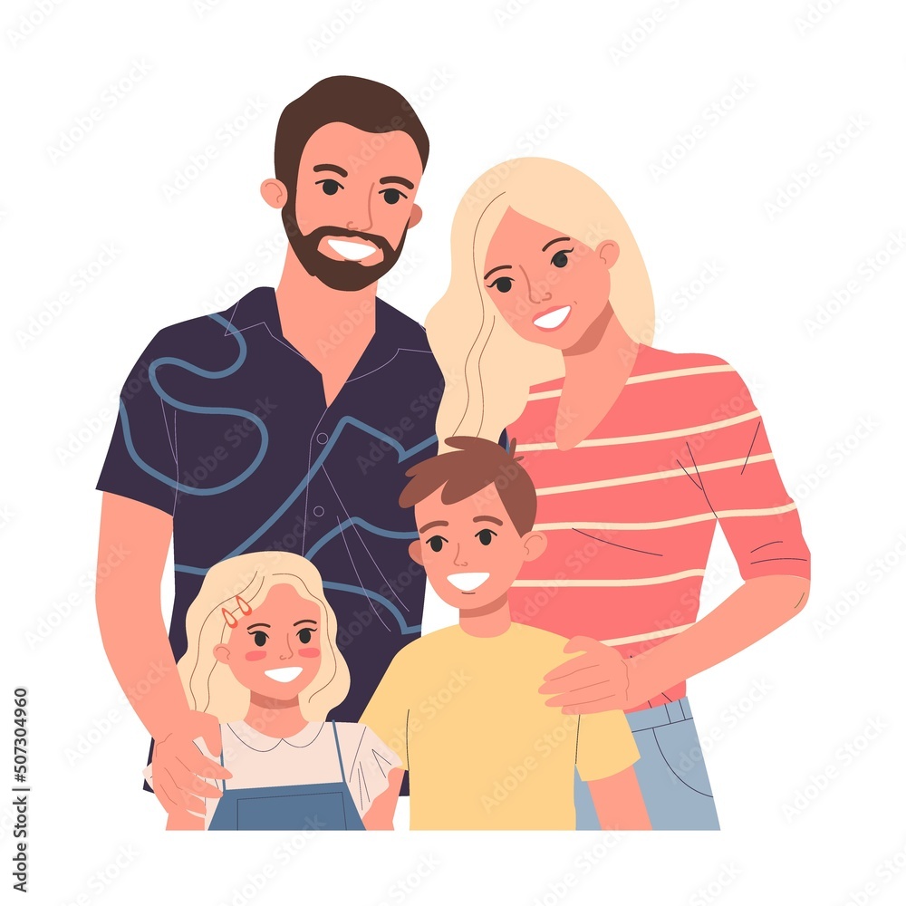 Happy family couple with kids. Parents and children standing together, hugging flat vector illustration. Togetherness, love, parenthood Happy family couple with kids. Parents and children standing together, hugging flat vector illustration. Togetherness, love, parenthood