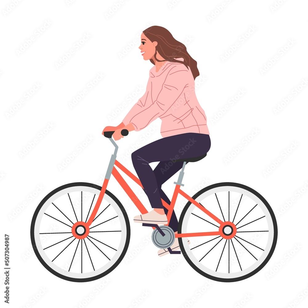 Young parent couple with son riding bikes outdoors. Woman cycling in park. Vector illustration for family activities, lifestyle Young parent couple with son riding bikes outdoors. Woman cycling in park. Vector illustration for family activities, lifestyle
