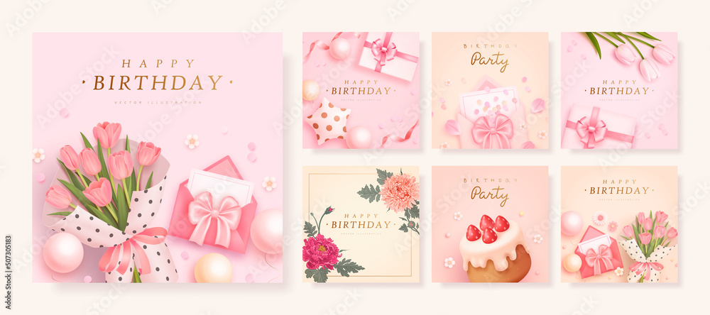 Set of happy birthday square greeting card with realistic gift box, tulips, balloons, envelope. Vector illustration Set of happy birthday square greeting card with realistic gift box, tulips, balloons, envelope. Vector illustration