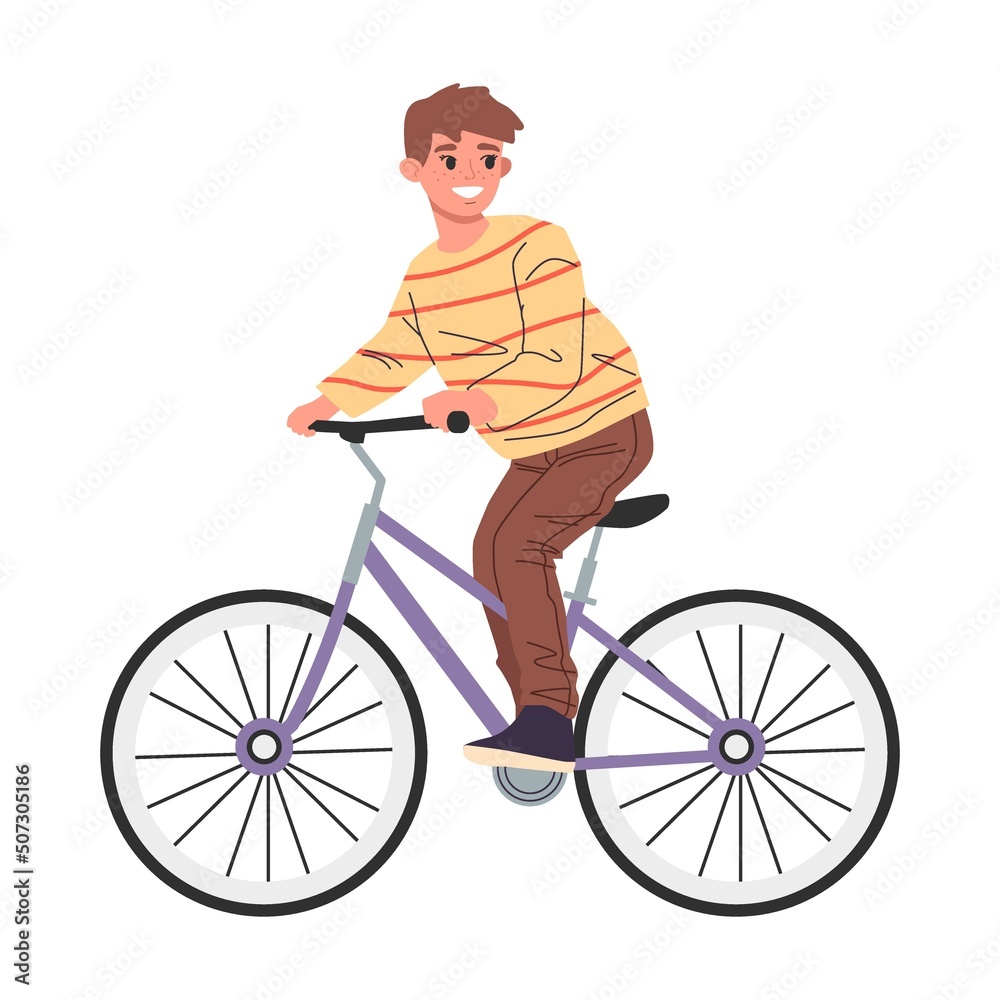 Obraz premium Young son riding bikes outdoors. Man, woman, boy cycling in park. Vector illustration for family activities, lifestyle