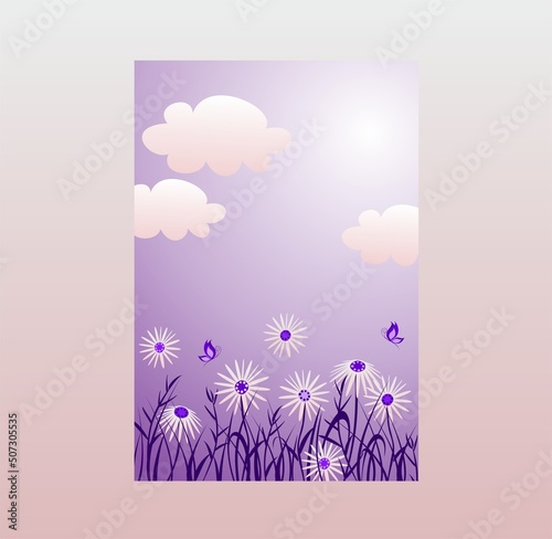 Abstract background in purple color with daisy and clouds. Vertical web banner with place for text