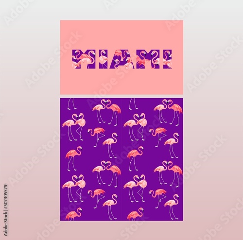 Seamless wallpaper in very peri color with pink flamingo birds and fashion shirt print with Miami lettering