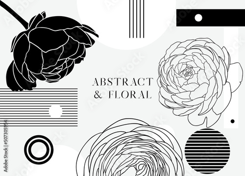 Fototapeta Naklejka Na Ścianę i Meble -  Collage style ranunculus vector illustration. Hand-sketched black flowers. Trendy design with ranunculus, geometric shapes, and abstract elements. Floral print, poster, card, social media, wall art.