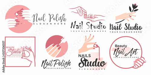 Nail studio or nail polish icon set logo design for beauty salon with unique concept
