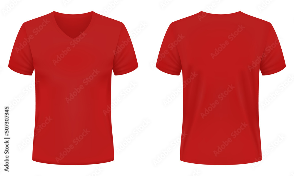 Blank red V-neck t-shirt template. Front and back views. Vector ...