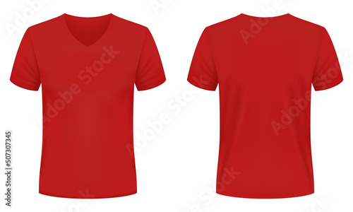 Blank red V-neck t-shirt template. Front and back views. Vector illustration.