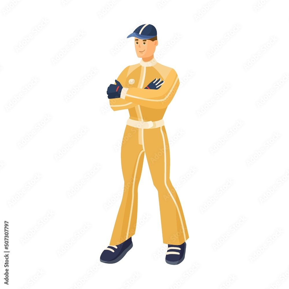 F1 race winner. Vector illustration of driver in uniform, medals for victory. Cartoon racer character, racing car F1 race winner. Vector illustration of driver in uniform, medals for victory. Cartoon racer character, racing car