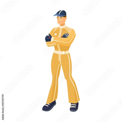F1 race winner. Vector illustration of driver in uniform, medals for victory. Cartoon racer character, racing car