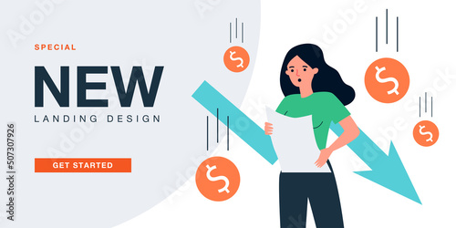 Shock of woman reading bad news about financial crisis. Person with red arrow and falling money flat vector illustration. Stock market crash down concept for banner, website design or landing web page