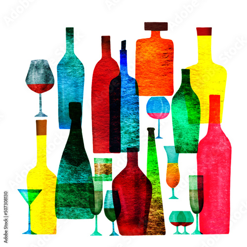 Textured watercolor silhouettes of different bottles and glasses. Wine illustration. Print. Isolated.