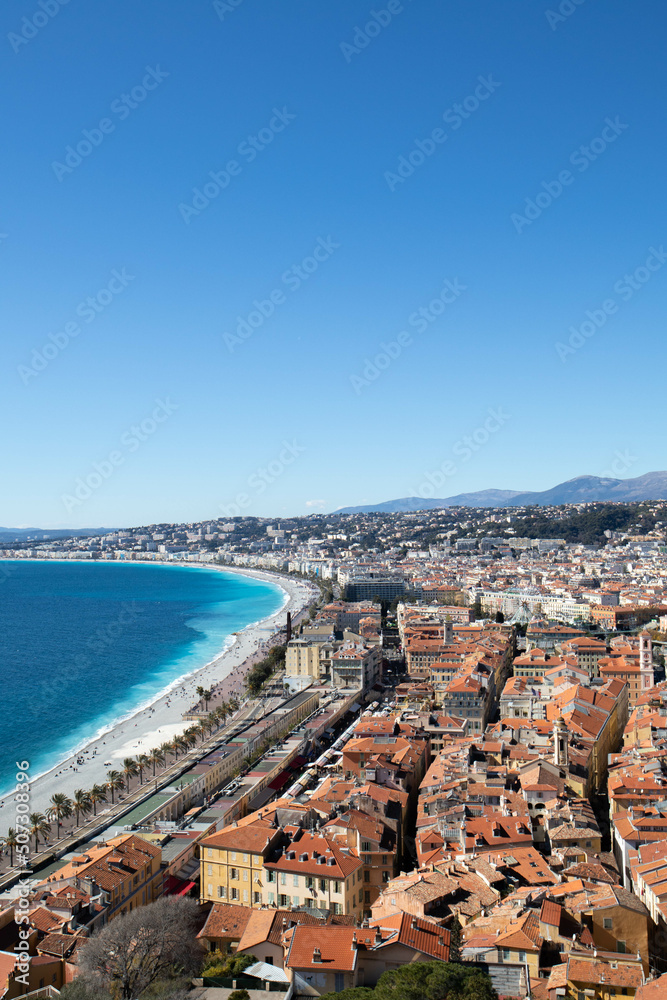 View of Nice city and beach in France