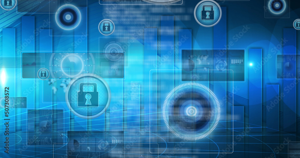 Fototapeta premium Image of data processing and padlocks on blue background