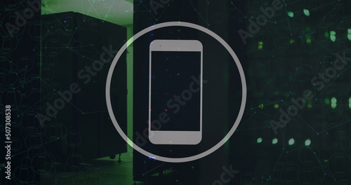Image of smartphone icon and data processing over server room
