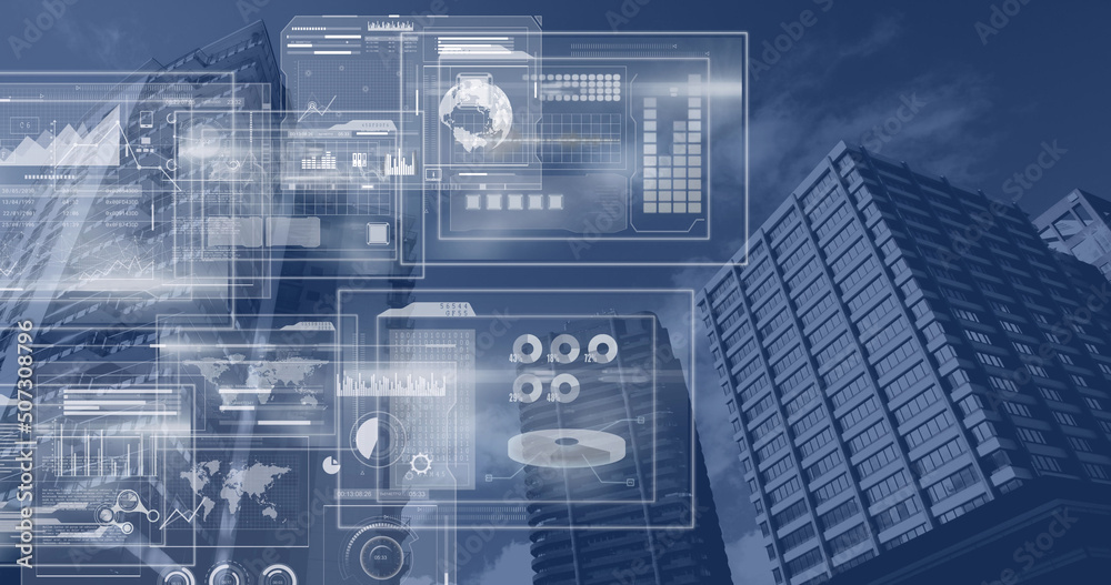 Obraz premium Image of data processing over cityscape