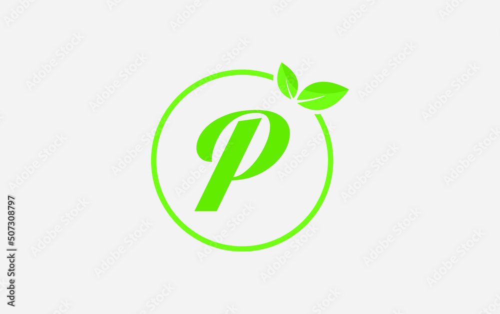 Fresh green leaf nature and healthy leaf logo design vector with the letter and alphabets P Fresh green leaf nature and healthy leaf logo design vector with the letter and alphabets P
